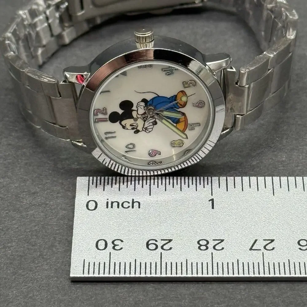 Mickey Mouse Watch Stainless Steel Link Bracelet Silver Tone White Character